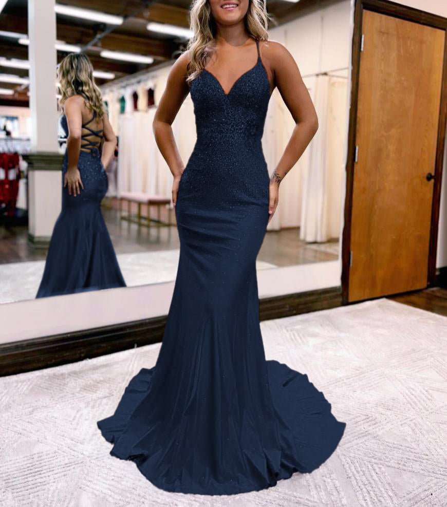 Alison Royal Blue Mermaid Spaghetti Straps Corset Back Satin Prom Dress Navy Blue / 6 Alison Royal Blue Mermaid Spaghetti Straps Corset Back Satin Prom Dress Navy Blue / 6