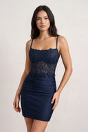 Navy Blue Spaghetti Straps Cross Back Bodycon Short Mini Homecoming Dresses | KISSPROM