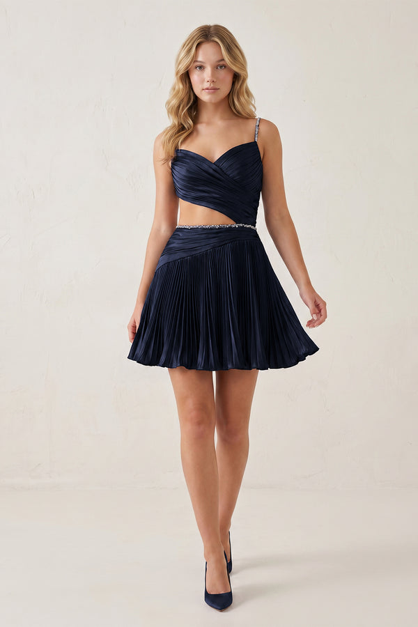 Navy Blue Spaghetti Straps Cut-Out Pleated A-Line Satin Homecoming Dress with Beading | KISSPROM