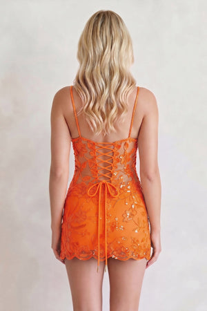 Orange Spaghetti Straps Illusion Sheath Sequins Homecoming Dress | KISSPROM