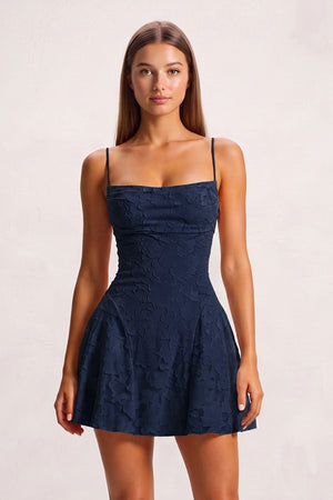 Navy Blue Spaghetti Straps Jacquard Chiffon A-Line Homecoming Dress (3) | KISSPROM