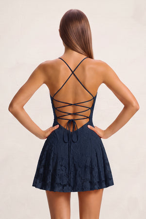 Navy Blue Spaghetti Straps Jacquard Chiffon A-Line Homecoming Dress (4) | KISSPROM