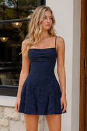 Navy Blue Spaghetti Straps Jacquard Chiffon A-Line Homecoming Dress | KISSPROM