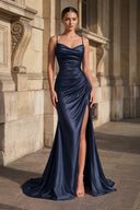Navy Blue Spaghetti Straps Mermaid Satin Slit Prom Dresses | KISSPROM