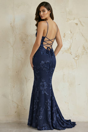 KissProm-Navy Blue Spaghetti Straps Mermaid Tulle Long Prom Dresses With Appliques