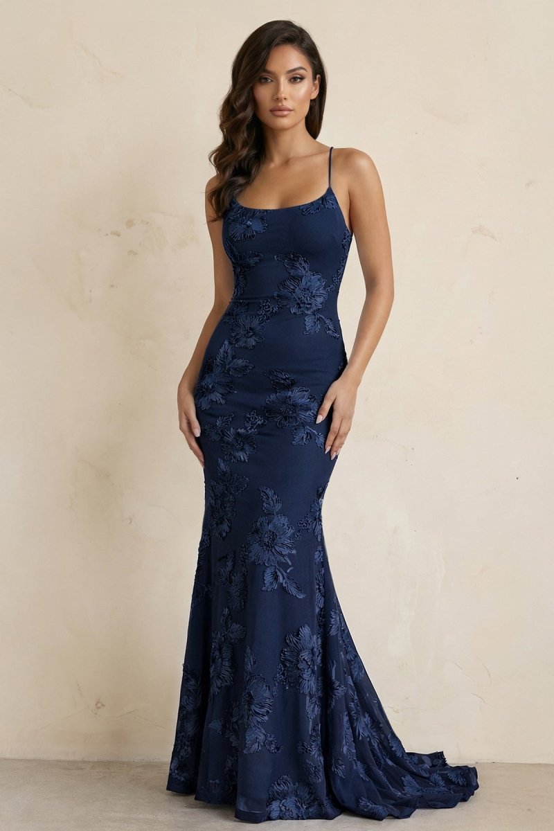 Sky Blue Spaghetti Straps Mermaid Tulle Long Prom Dresses With Appliques - KissProm