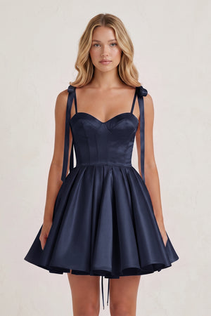 Navy Blue Spaghetti Straps Satin Pleated A-Line Homecoming Dress with Bow (3) | KISSPROM