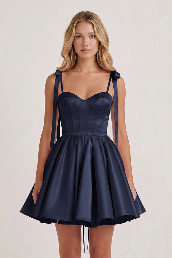 Navy Blue Spaghetti Straps Satin Pleated A-Line Homecoming Dress with Bow (3) | KISSPROM