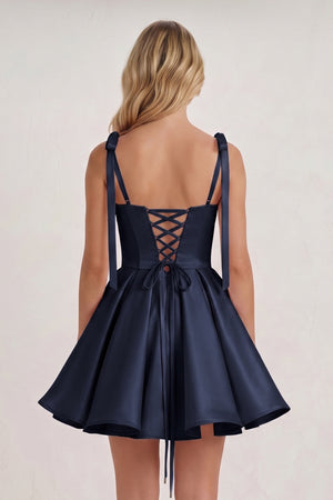 Navy Blue Spaghetti Straps Satin Pleated A-Line Homecoming Dress with Bow (4) | KISSPROM