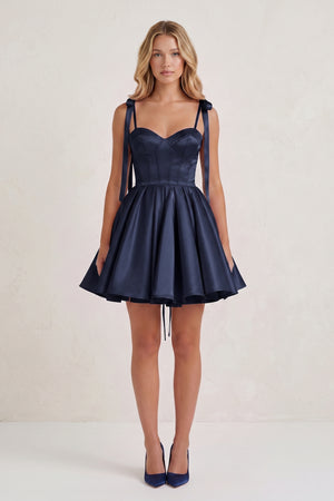 Navy Blue Spaghetti Straps Satin Pleated A-Line Homecoming Dress with Bow (5) | KISSPROM