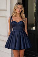 Navy Blue Spaghetti Straps Satin Pleated A-Line Homecoming Dress with Bow | KISSPROM