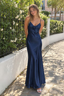 Navy Blue Spaghetti Straps Sheath Satin Backless Long Formal Prom Dresses With Flower | KISSPROM