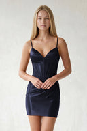 Navy Blue Spaghetti Straps Sheath Satin Corset Ruched Homecoming Dress | KISSPROM