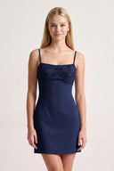 Navy Blue Spaghetti Straps Sheath Satin Mini Homecoming Dress | KISSPROM