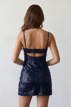 Navy Blue Sparkly Spaghetti Straps Sheath Satin Homecoming Dress With Sequins | KISSPROM