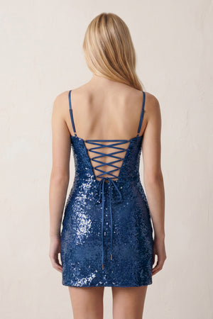 Navy Blue Sparkly Spaghetti Straps Zipper Back Sequin Mini Homecoming Dresses | KISSPROM