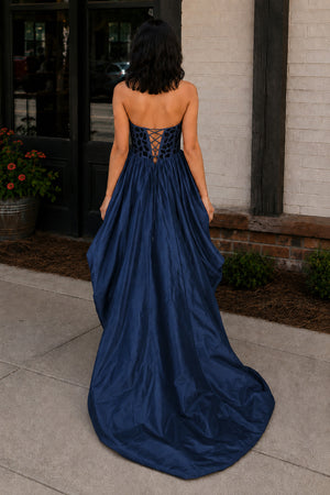 Navy Blue Sparkly Sweetheart Mirror High-Low Homecoming Dress | KISSPROM