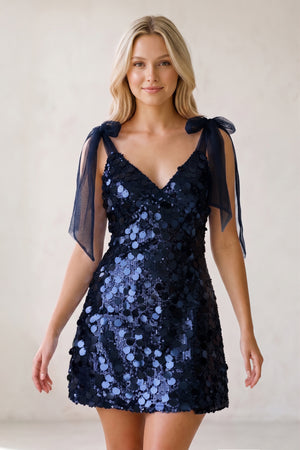 Navy Blue Sparkly V-Neck A-Line Sequin Homecoming Dress (3) | KISSPROM