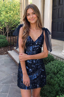 Navy Blue Sparkly V-Neck A-Line Sequin Homecoming Dress | KISSPROM
