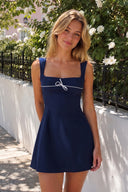 Navy Blue Square Neck A-Line Satin Homecoming Dress With Lace-Up Back | KISSPROM