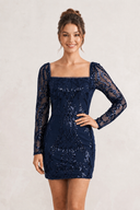 Navy Blue Square Neck Sheath Long Sleeves Sequins Mini Homecoming Dresses | KISSPROM