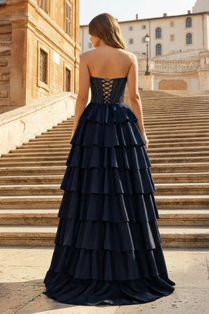 KissProm-Navy Blue Sweetheart A Line Satin Ruffled Long Prom Dresses With Slit