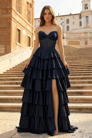 KissProm-Navy Blue Sweetheart A Line Satin Ruffled Long Prom Dresses With Slit