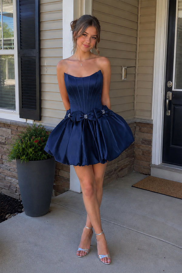 Navy Blue Strapless A Line Satin Short Homecoming Dresses With Bow (2) | KISSPROM