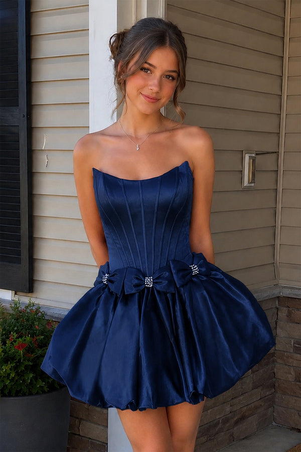 Navy Blue Strapless A Line Satin Short Homecoming Dresses With Bow | KISSPROM