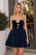 Navy Blue Strapless A Line Tiered Tulle Homecoming Dress With Bow | KISSPROM