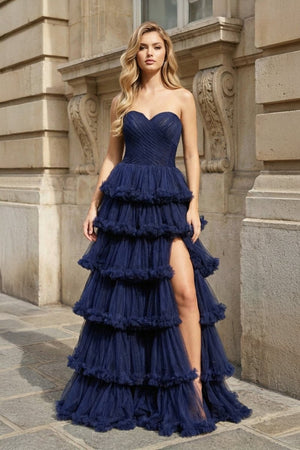 Navy Blue Strapless A Line Tulle Ruffled Long Prom Dresses With Slit - KissProm
