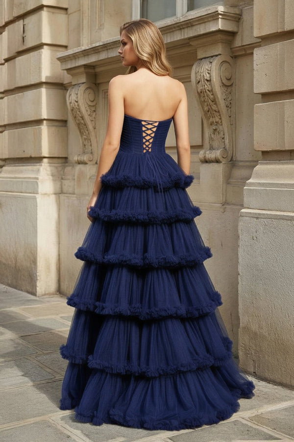 Navy Blue Strapless A Line Tulle Ruffled Long Prom Dresses With Slit - KissProm