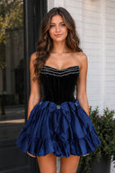 Navy Blue Strapless A Line Velvet Homecoming Dresses With Bow | KISSPROM