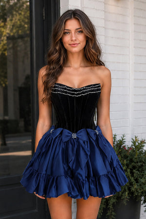 Navy Blue Strapless A Line Velvet Homecoming Dresses With Bow | KISSPROM