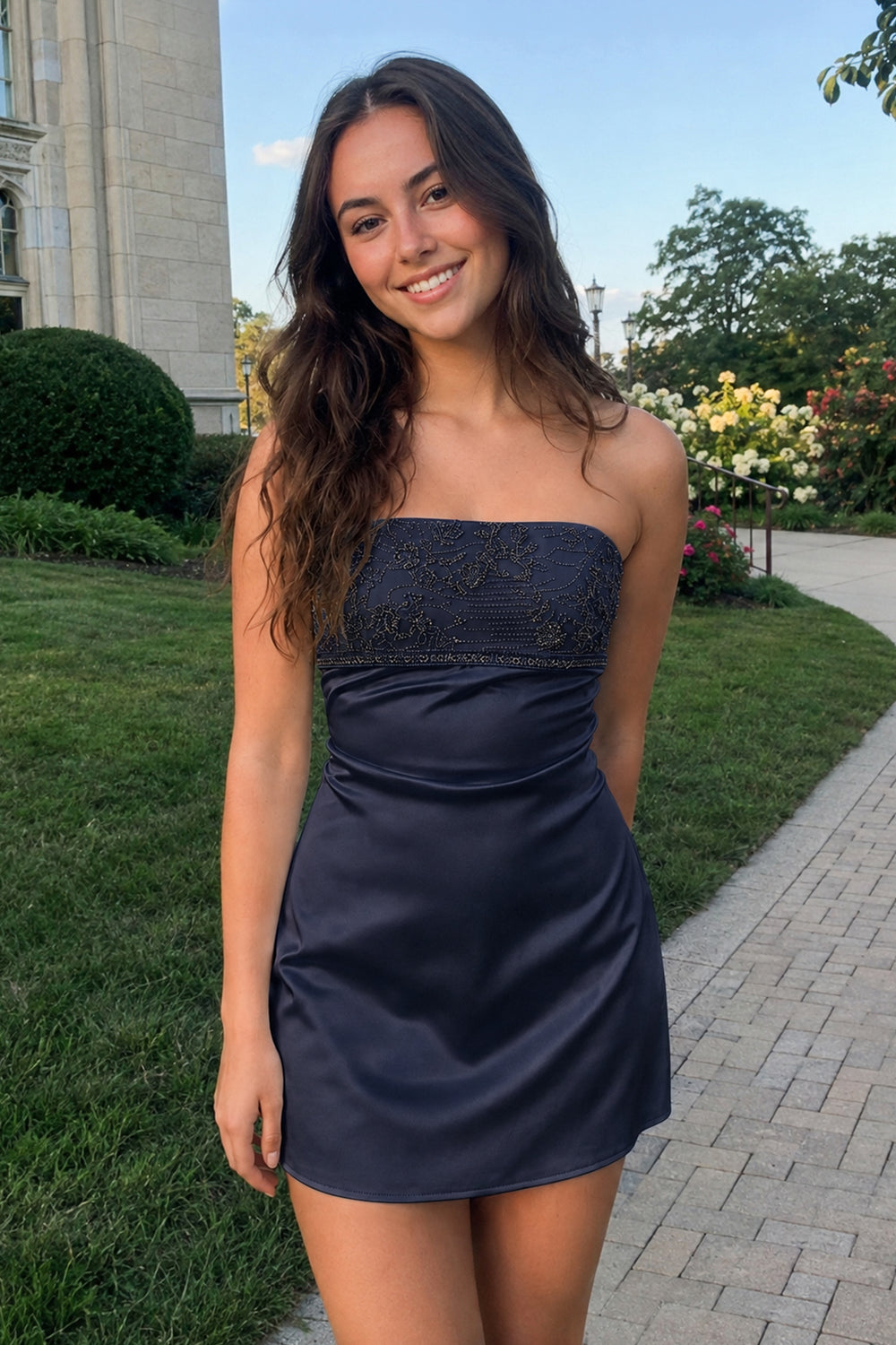 Navy Blue Strapless Appliqued Satin Sheath Homecoming Dress | KISSPROM