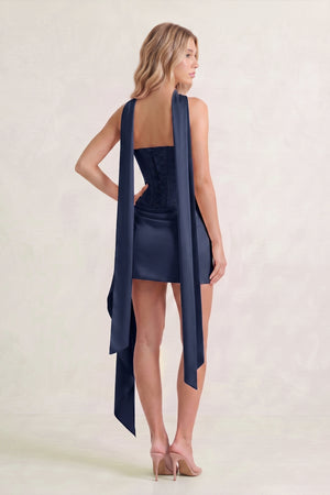 Navy Blue Strapless Bodycon Satin Corset Homecoming Dress With Ribbon (6) | KISSPROM