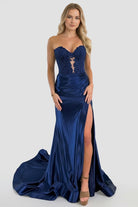 KissProm-Aeth Navy Blue Strapless Lace Mermaid Long Prom Dresses With Slit