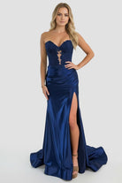 KissProm-Aeth Navy Blue Strapless Lace Mermaid Long Prom Dresses With Slit
