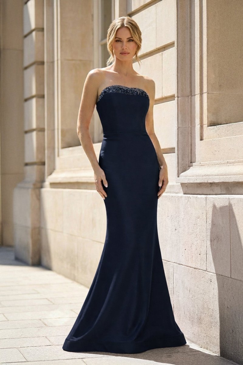 Navy Blue Strapless Mermaid Satin Long Prom Dresses With Beading - KissProm
