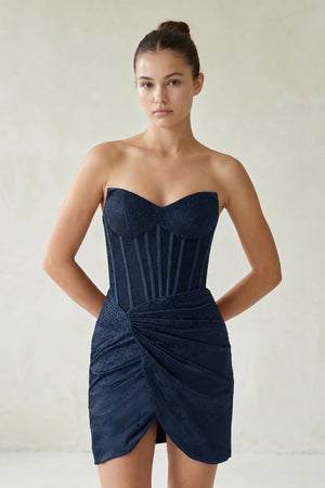 Navy Blue Strapless Satin Bodycon Short Homecoming Dresses With Beading (3) | KISSPROM
