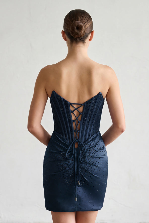 Navy Blue Strapless Satin Bodycon Short Homecoming Dresses With Beading (4) | KISSPROM
