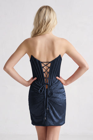 Navy Blue Strapless Satin Bodycon Short Homecoming Dresses With Beading (4) | KISSPROM