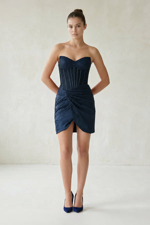 Navy Blue Strapless Satin Bodycon Short Homecoming Dresses With Beading (5) | KISSPROM
