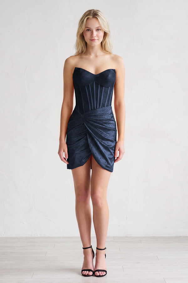 Navy Blue Strapless Satin Bodycon Short Homecoming Dresses With Beading (5) | KISSPROM