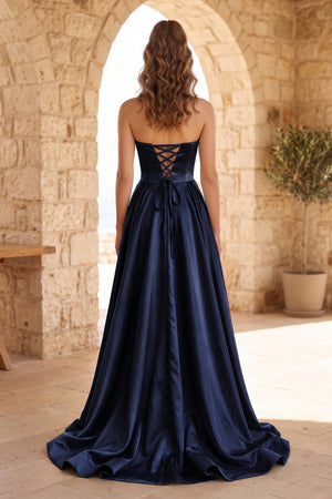 Navy Blue Strapless Satin Long Prom Dress With High Split (2) | KISSPROM