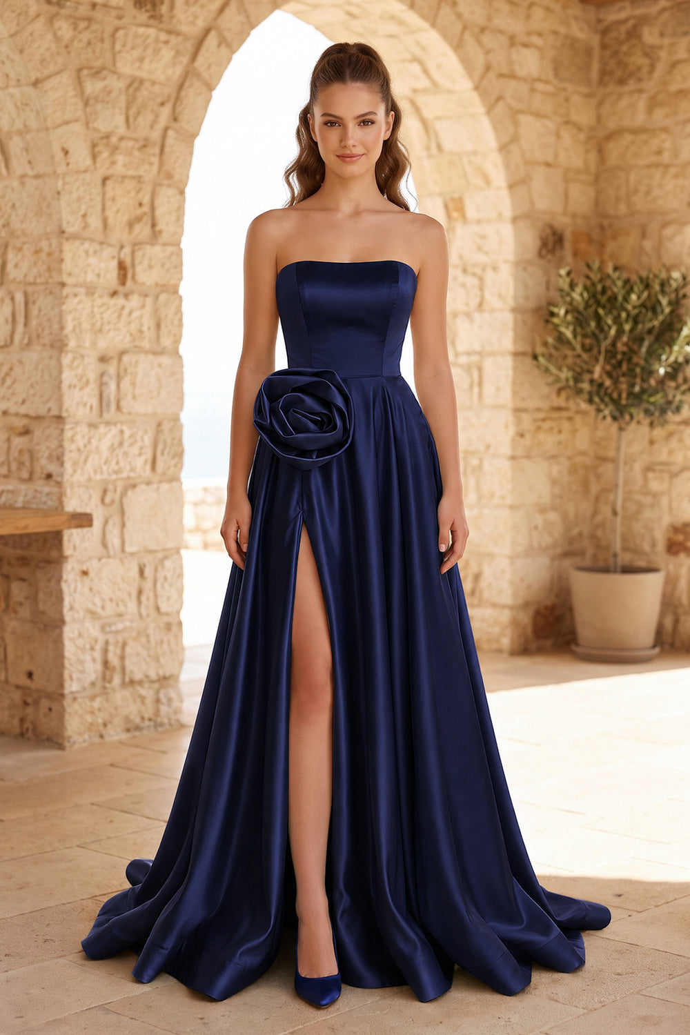 Navy Blue Strapless Satin Long Prom Dress With High Split | KISSPROM