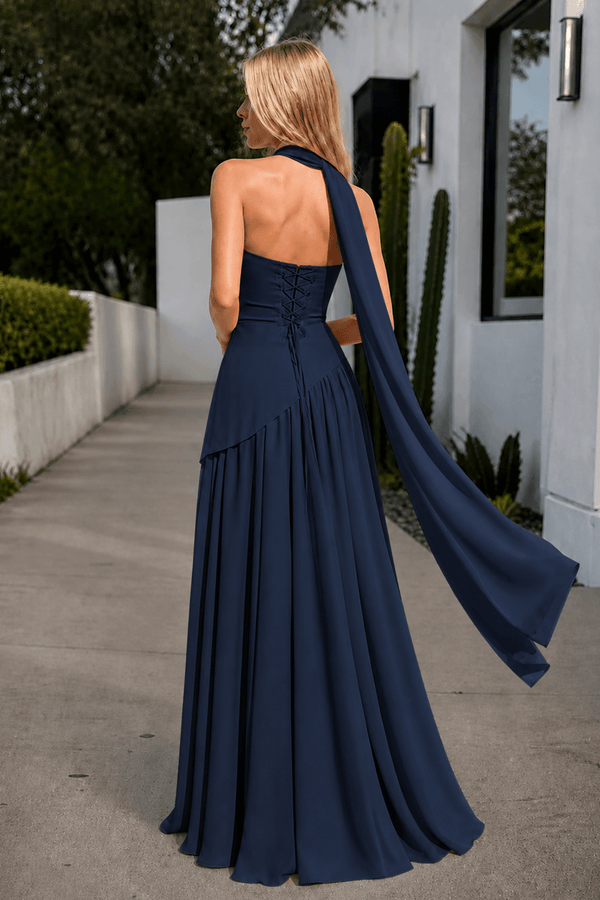 Navy Blue Strapless Sheath Chiffon Long Formal Dress With Slit (2) | KISSPROM