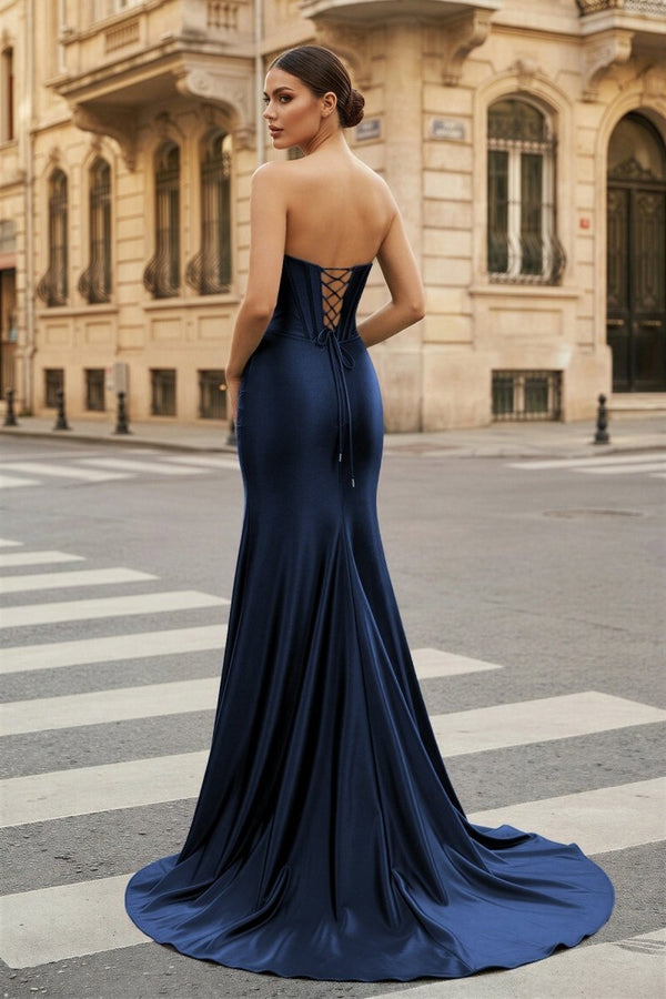 Navy Blue Strapless Sheath Satin Corset Long Formal Dress With Slit (2) | KISSPROM