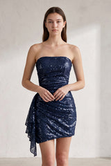 Navy Blue Strapless Sheath Sequins Mini Homecoming Dresses With Side Train | KISSPROM