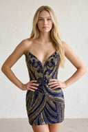 Navy Blue Strapless V Neck Sequins Bodycon Short Homecoming Dresses - KISSPROM